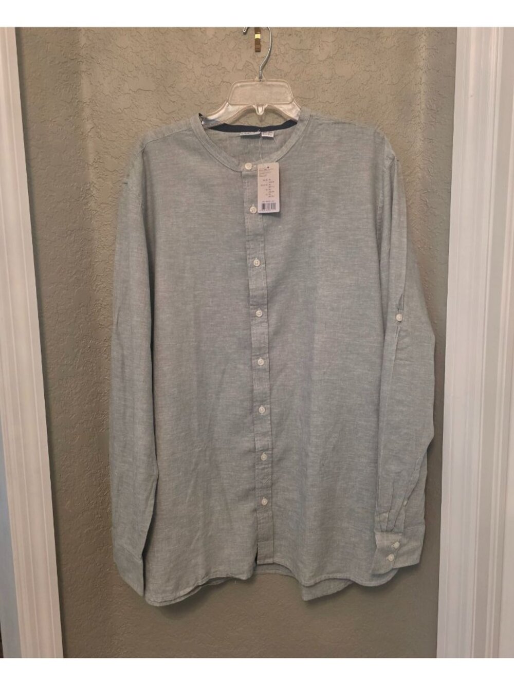 Livergy Men's Collarless Green Linen Blend Button Down Shirt XL NEW